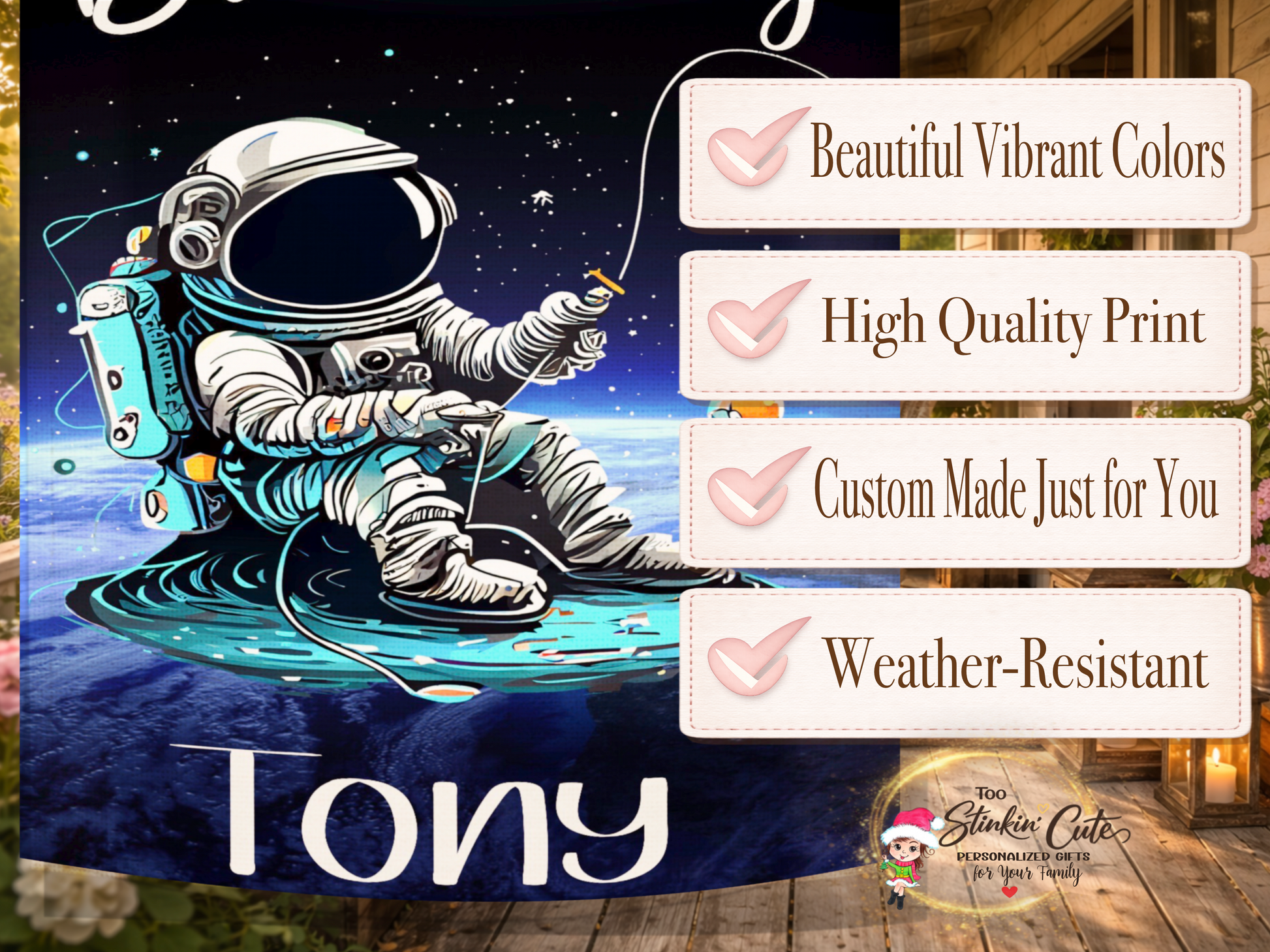 Personalized astronaut birthday garden flag with custom child name and age