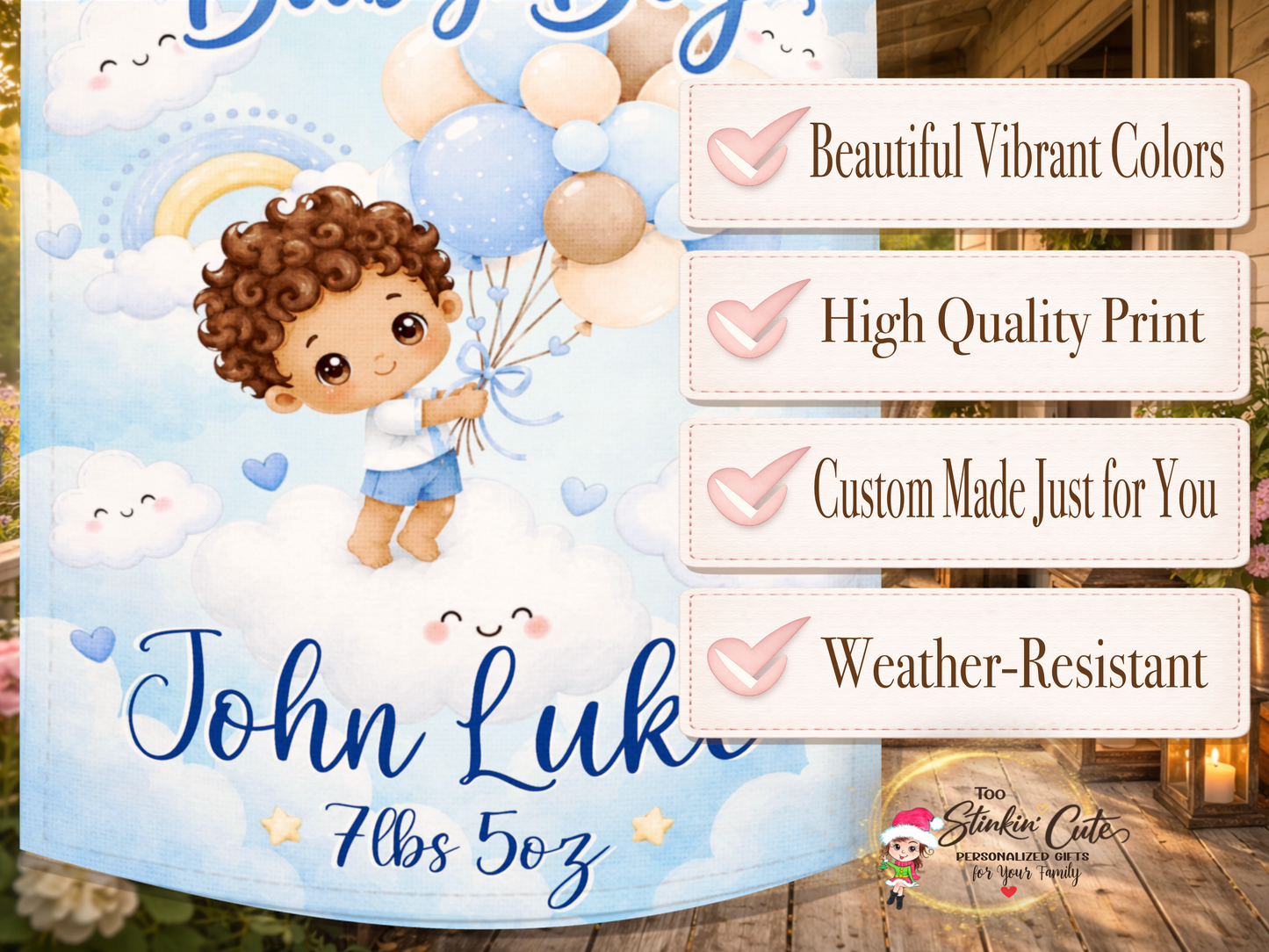 Personalized baby boy yard flag with rainbow and clouds