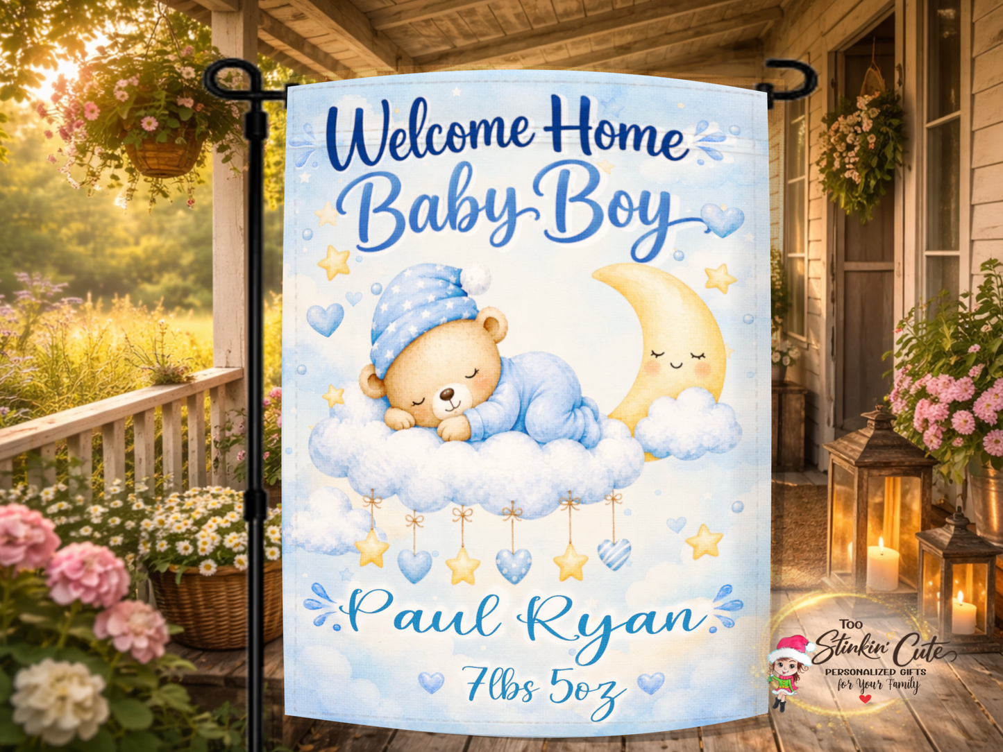 Personalized welcome home baby boy garden flag with teddy bear and moon