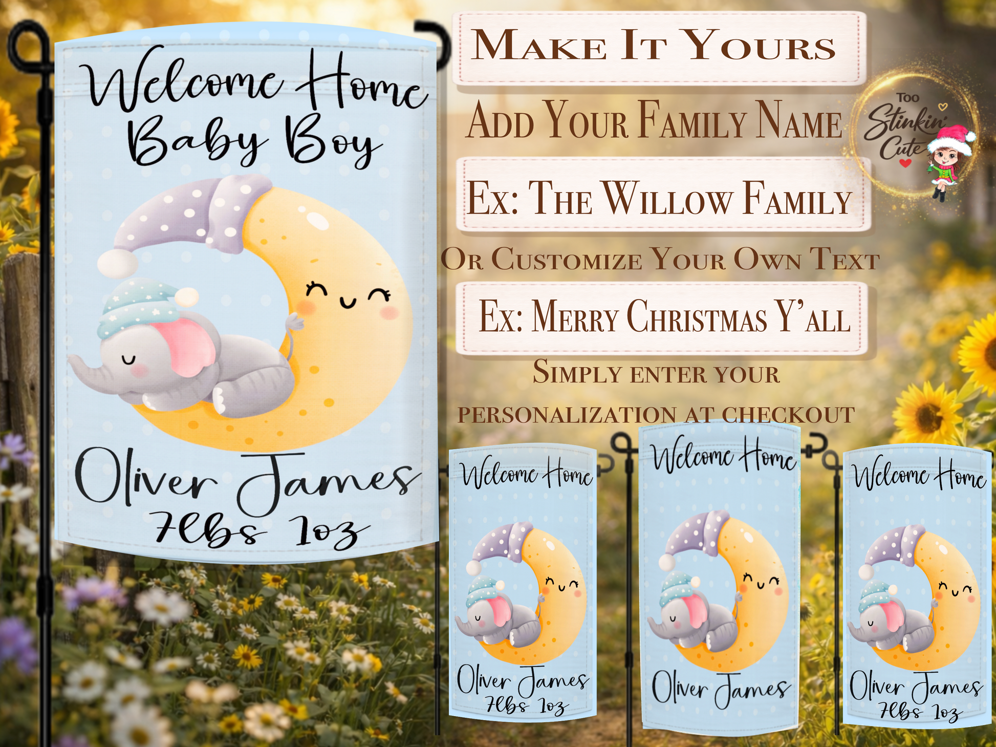 Custom newborn baby boy yard flag featuring elephant and crescent moon design