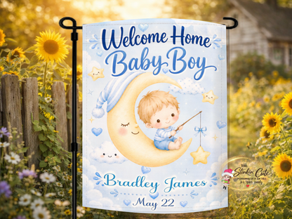 Personalized fishing moon baby boy garden flag with custom name