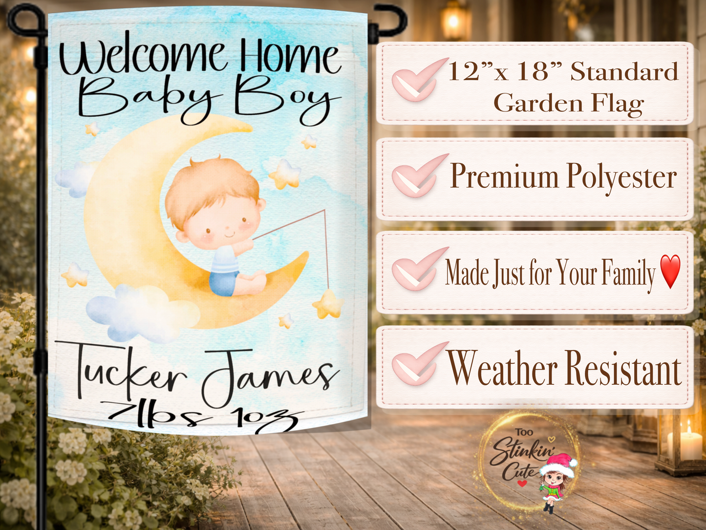 Sweet baby boy outdoor garden flag personalized with baby name and welcome home message
