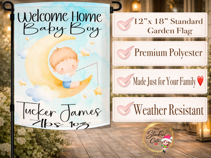 Sweet baby boy outdoor garden flag personalized with baby name and welcome home message