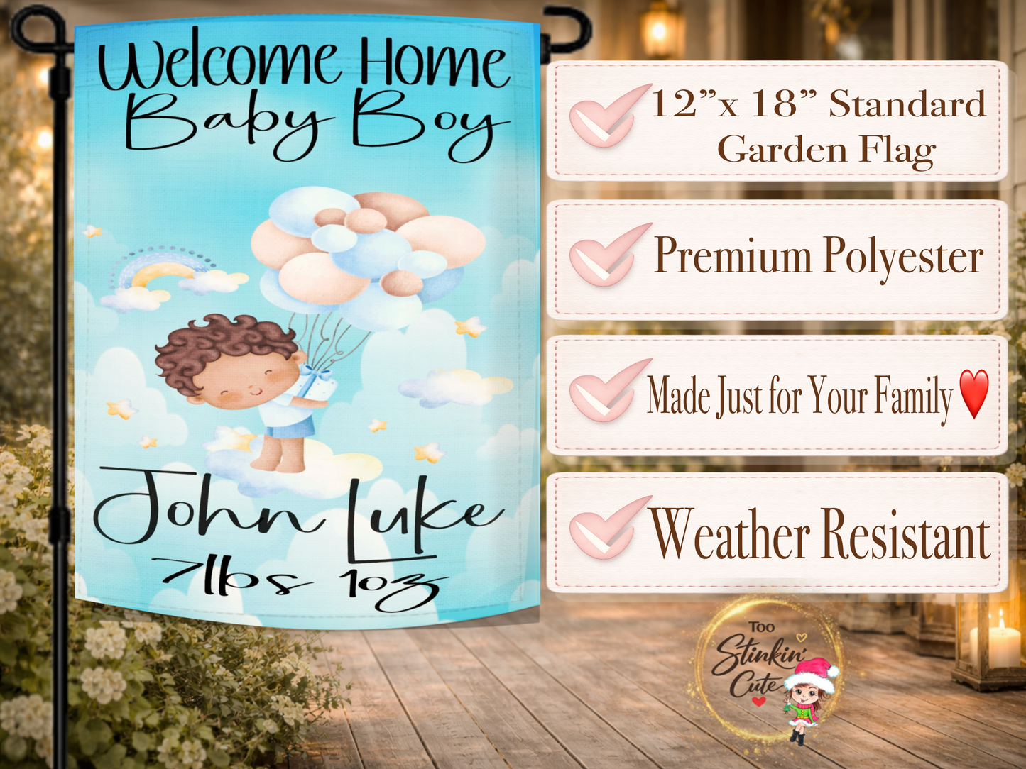 Personalized baby boy announcement flag customized with baby name and birth weight