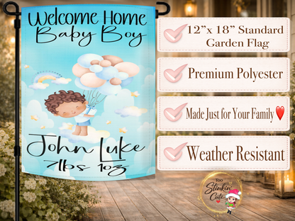 Personalized baby boy announcement flag customized with baby name and birth weight