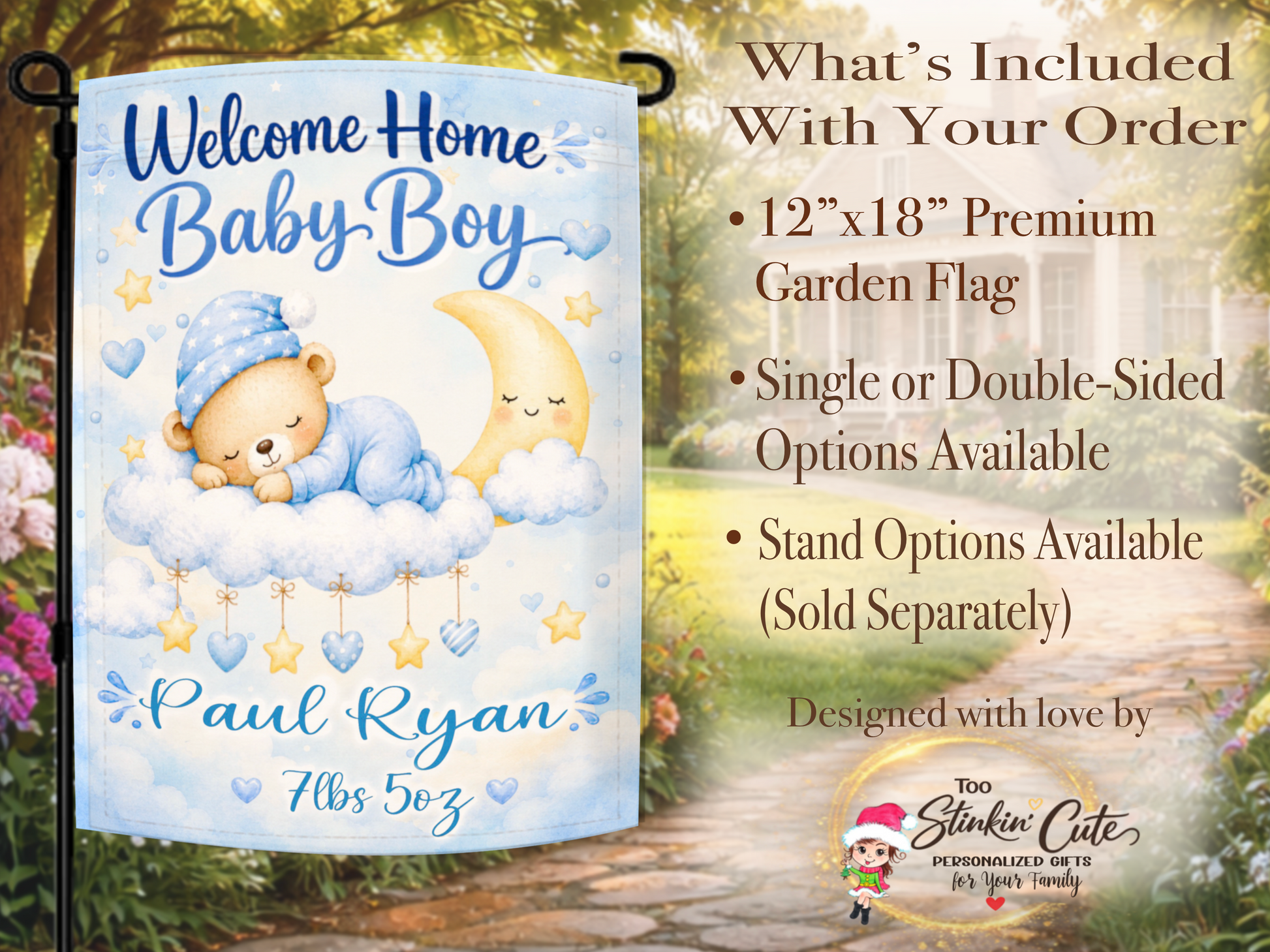 Newborn baby boy yard flag with clouds stars and hearts