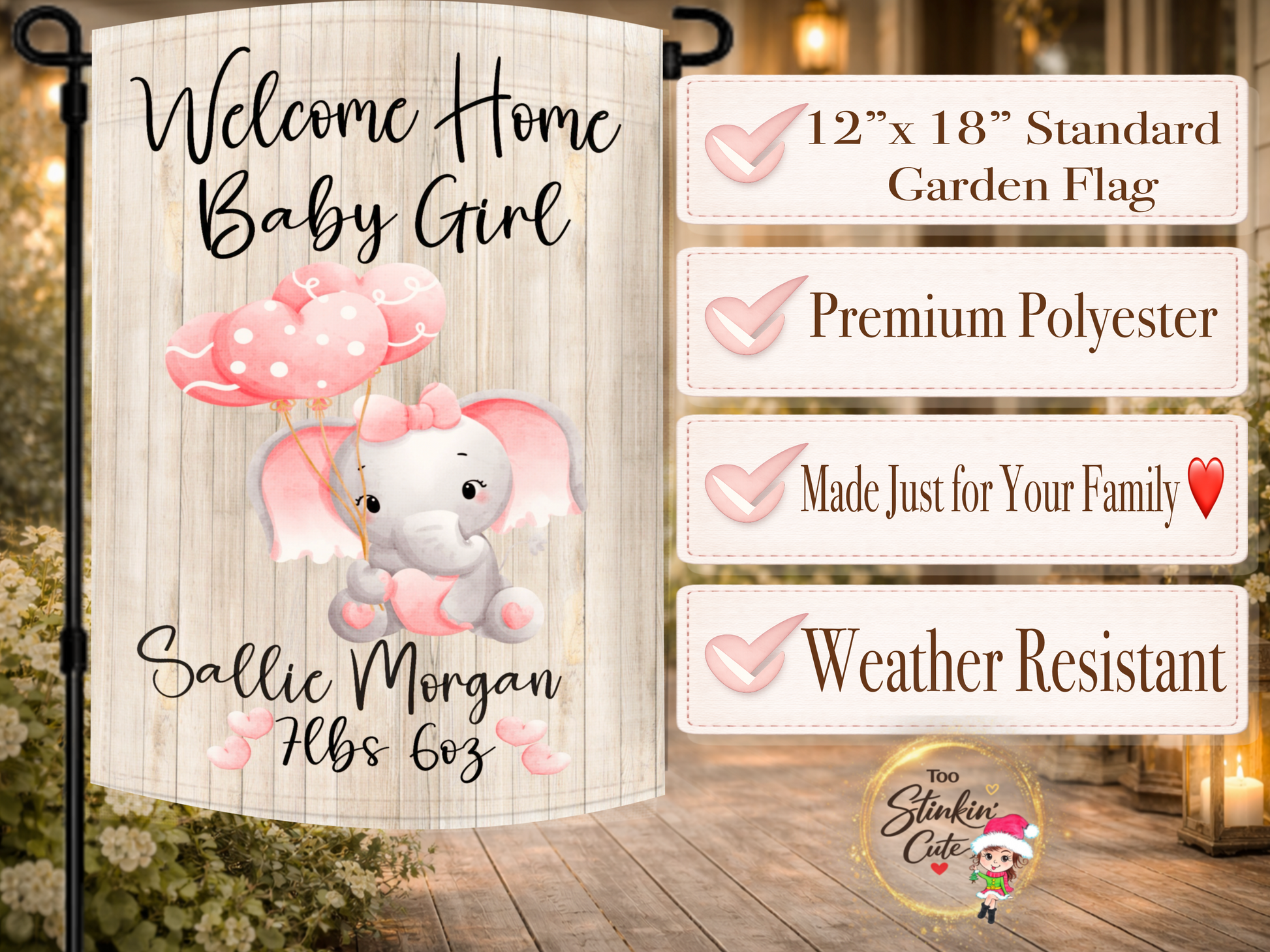 Welcome home baby girl outdoor flag with cute elephant artwork