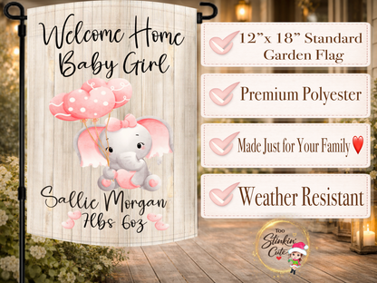 Welcome home baby girl outdoor flag with cute elephant artwork