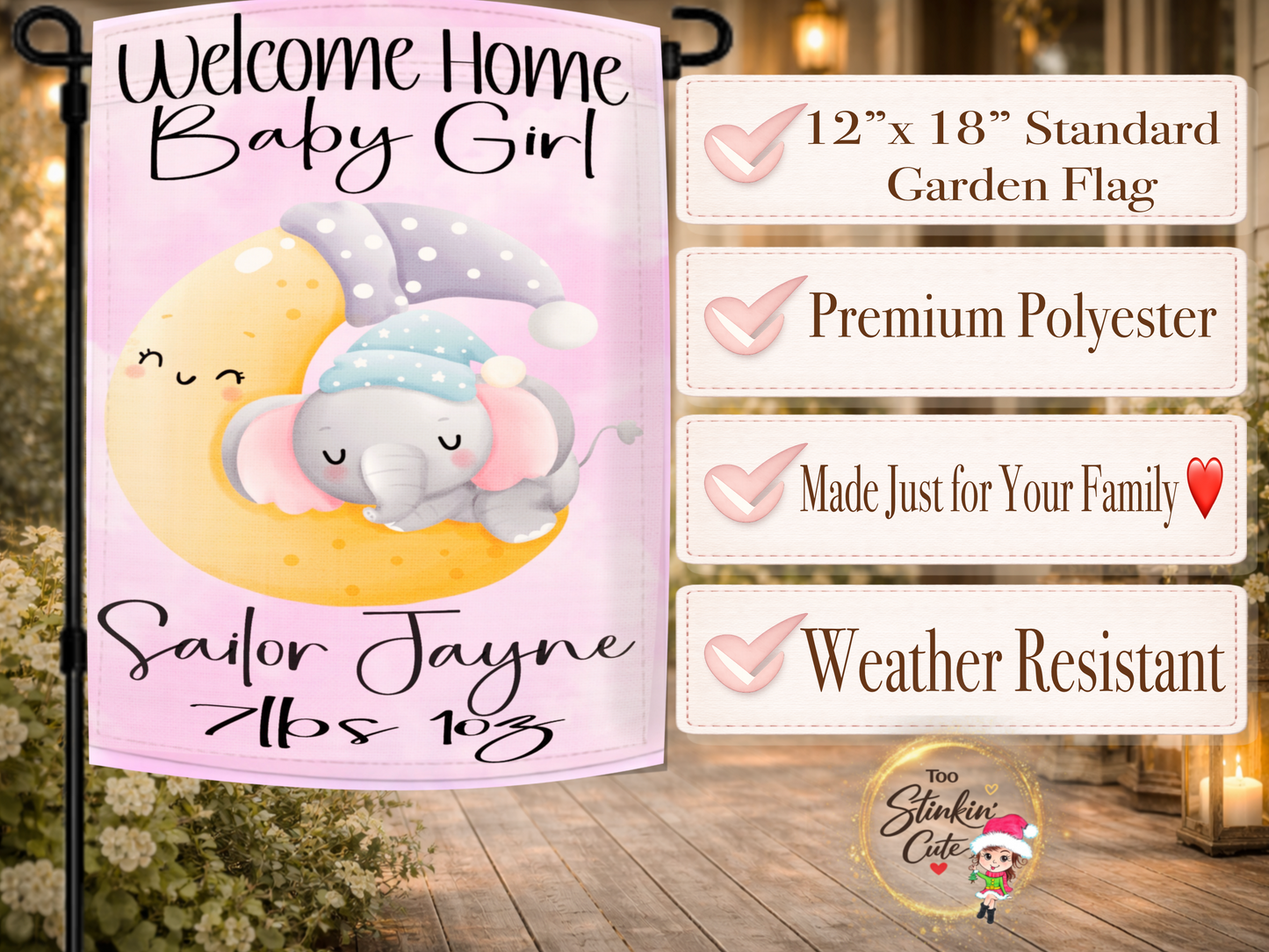 Welcome home baby girl outdoor flag personalized with baby name and birth weight