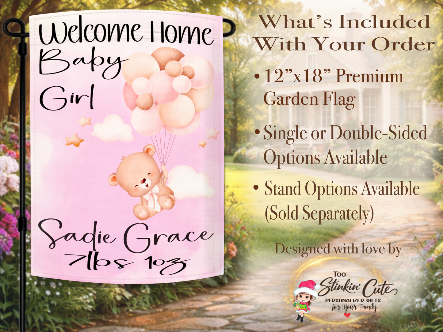 Pink baby girl garden flag personalized with baby name and birth details