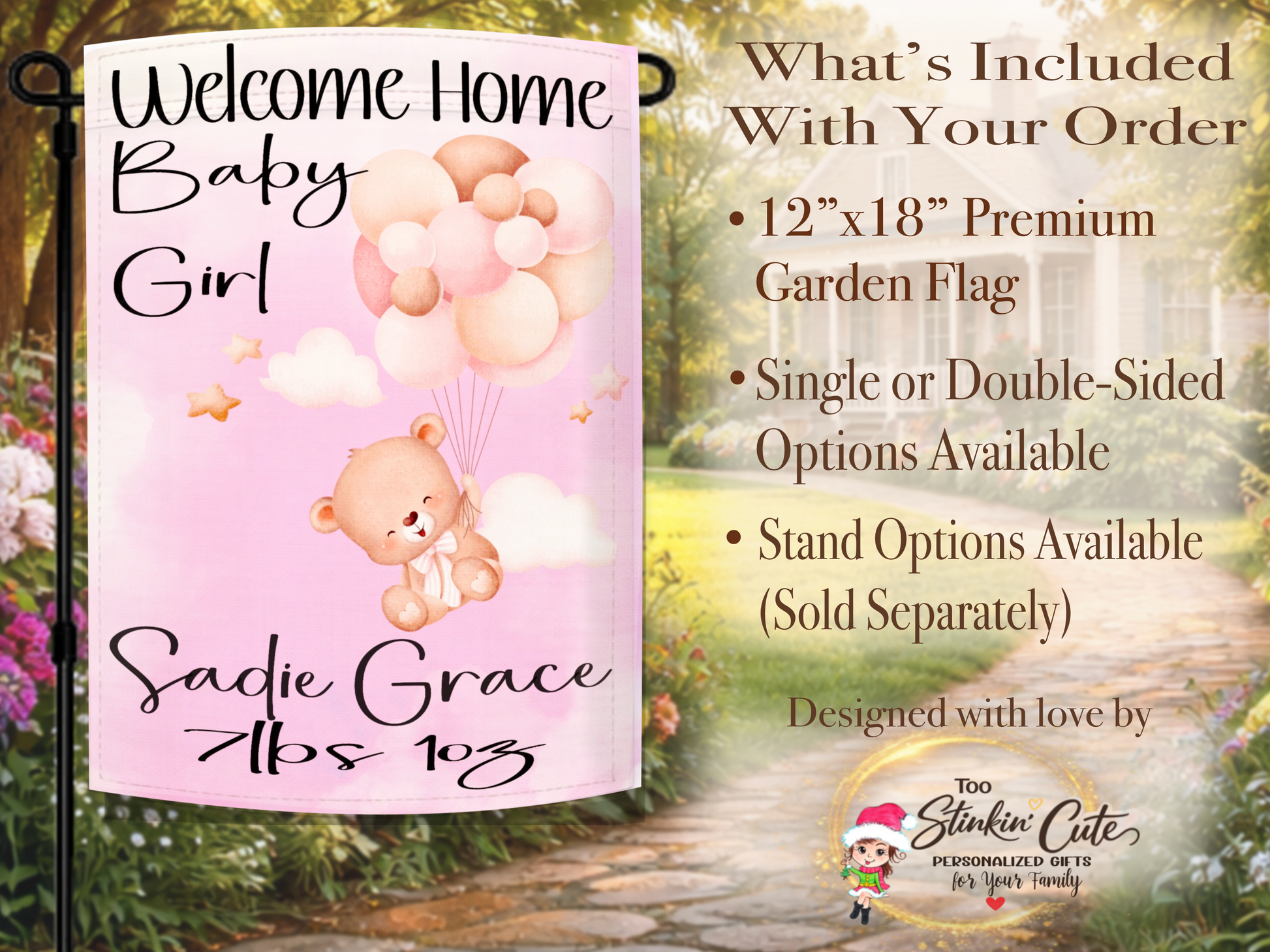 Pink baby girl garden flag personalized with baby name and birth details