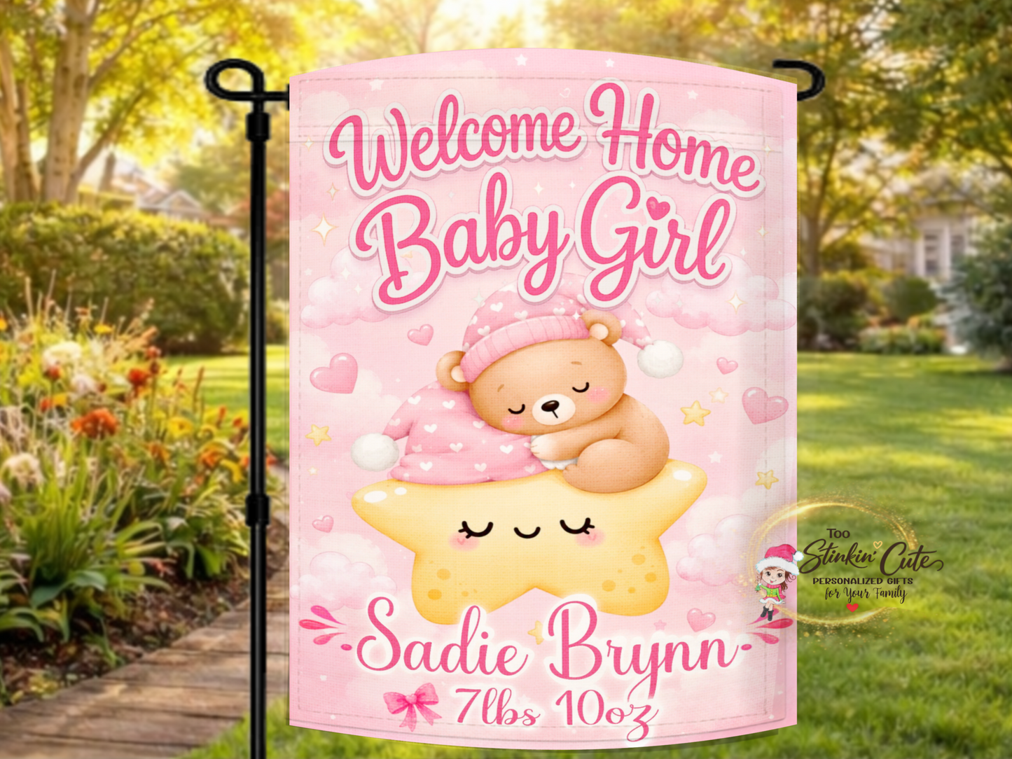 personalized welcome home baby girl star garden flag