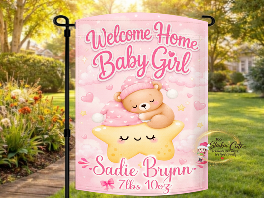 personalized welcome home baby girl star garden flag