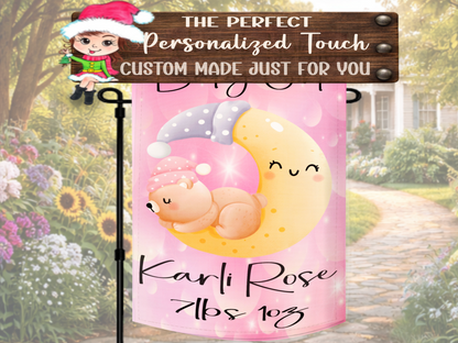 Custom baby girl announcement flag with pink moon and teddy bear theme
