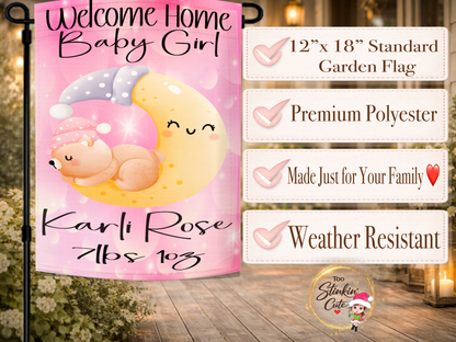 Welcome home baby girl outdoor flag with sleepy moon nursery artwork