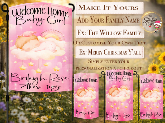 Custom newborn baby girl yard flag with rainbow clouds and baby name details