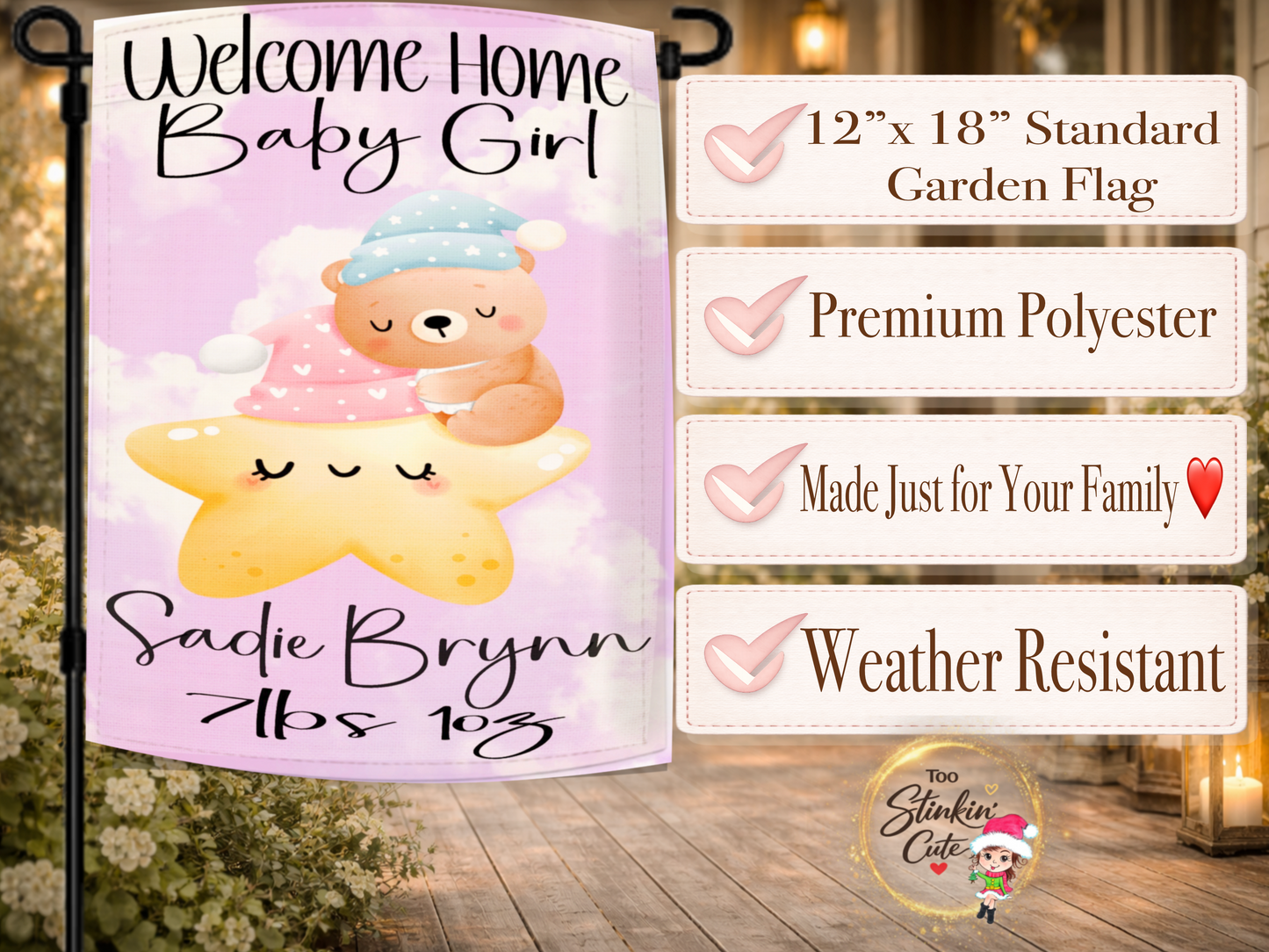 Personalized baby girl outdoor flag featuring teddy bear sleeping on star