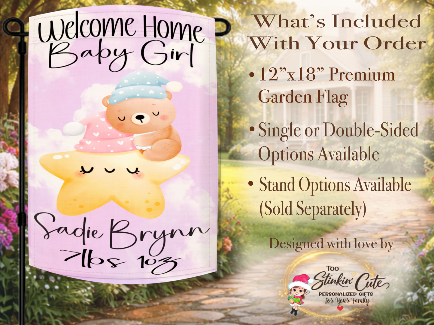 Pink watercolor baby girl garden flag for birth announcement and homecoming