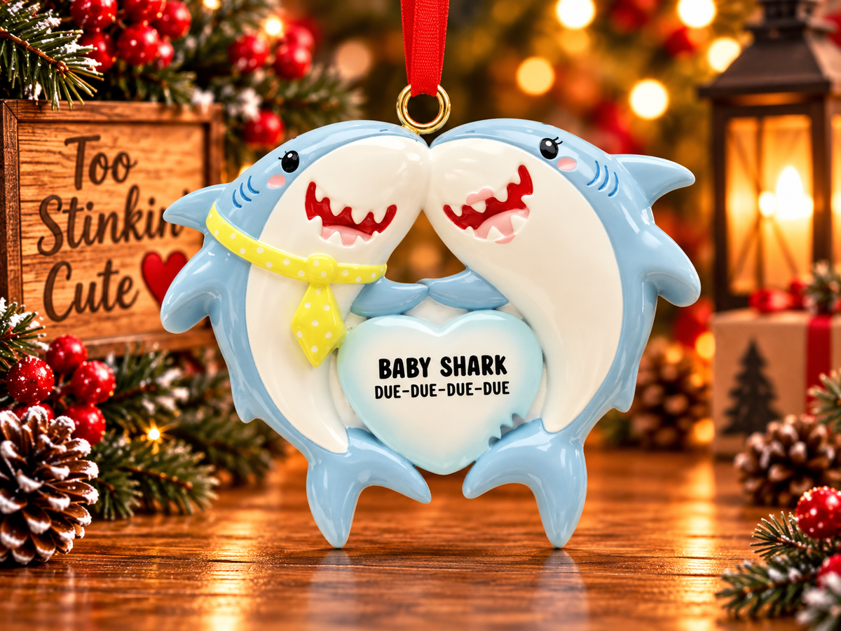 Expecting parents shark Christmas ornament with two smiling light blue sharks surrounding a baby announcement heart.
