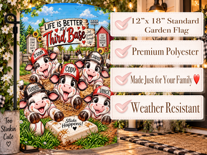 Custom baseball family yard flag featuring muddy cows sliding into base with individual names.