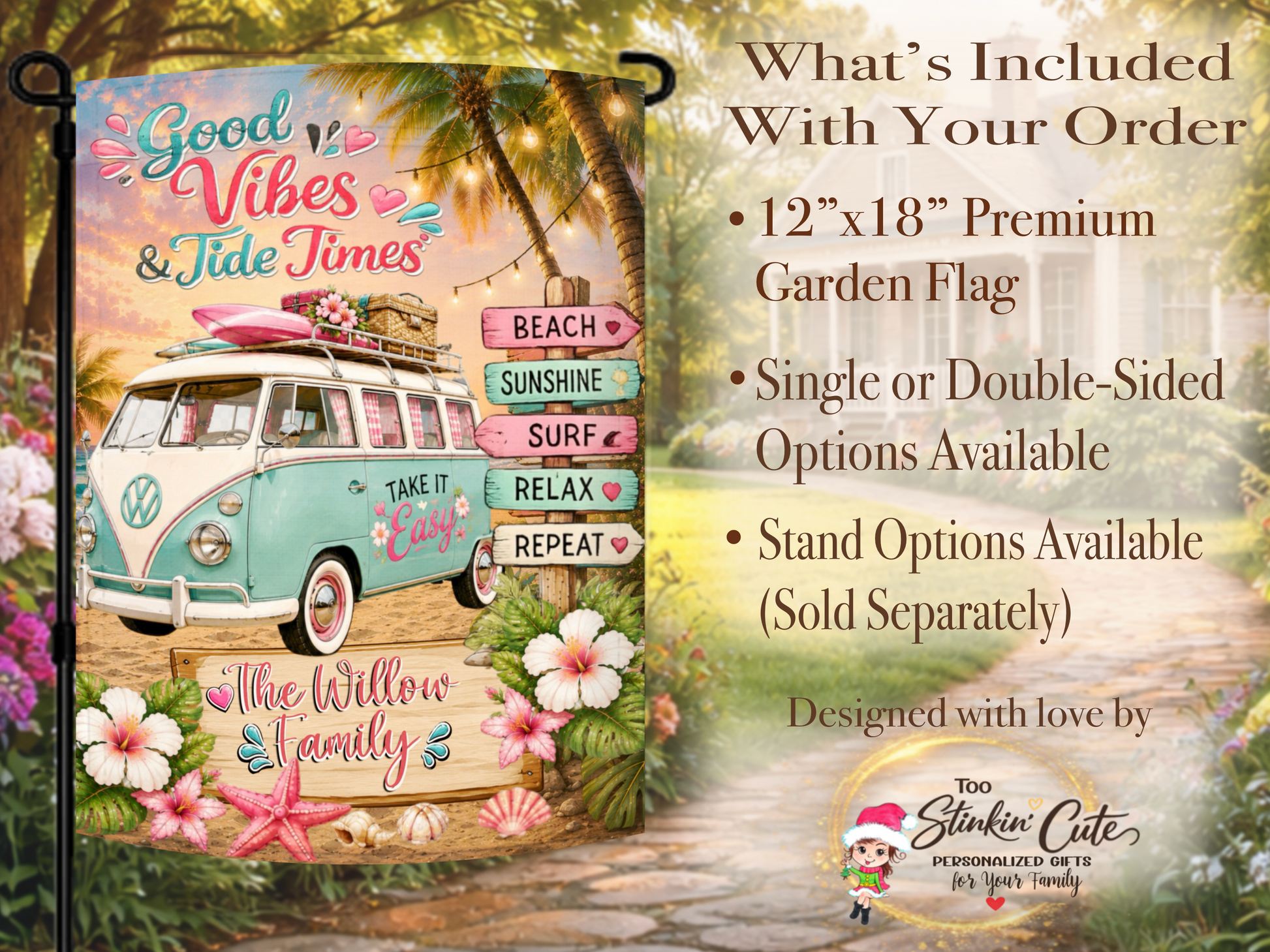 Tropical summer garden flag with beach van and palm trees.
