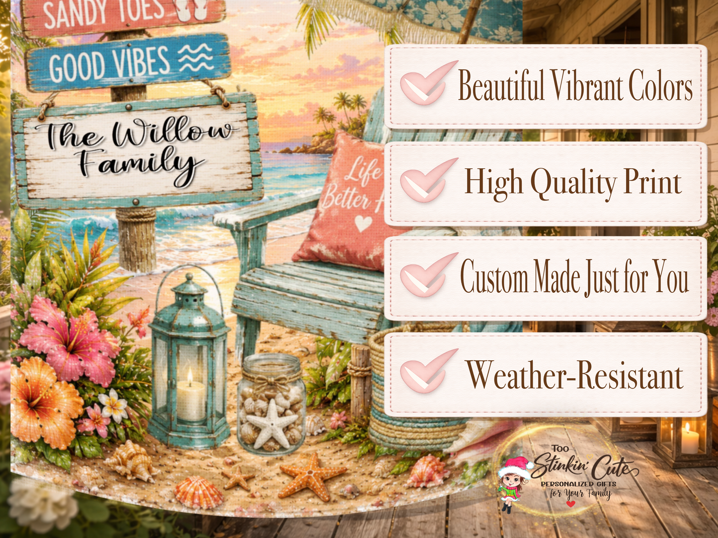 Tropical beach garden flag with custom family name.