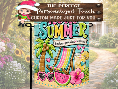 Beach-inspired summer garden flag with tropical décor.