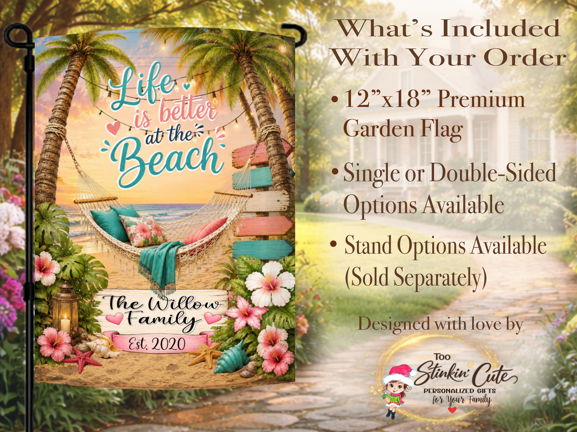 Coastal beach house flag featuring tropical hammock.