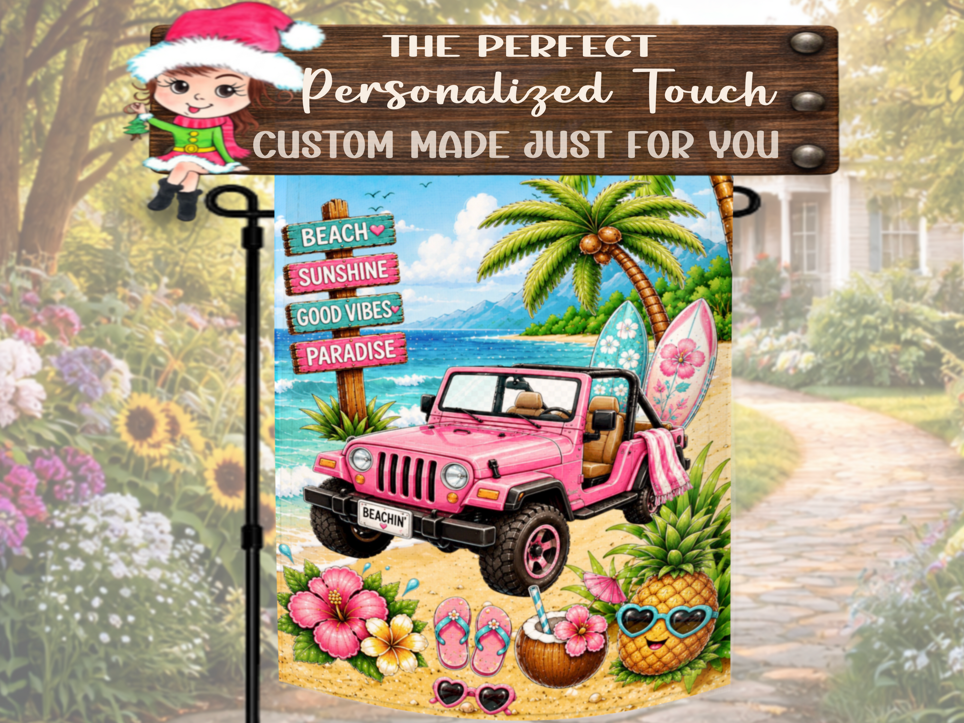 Beach-themed garden flag with surfboards and ocean view.