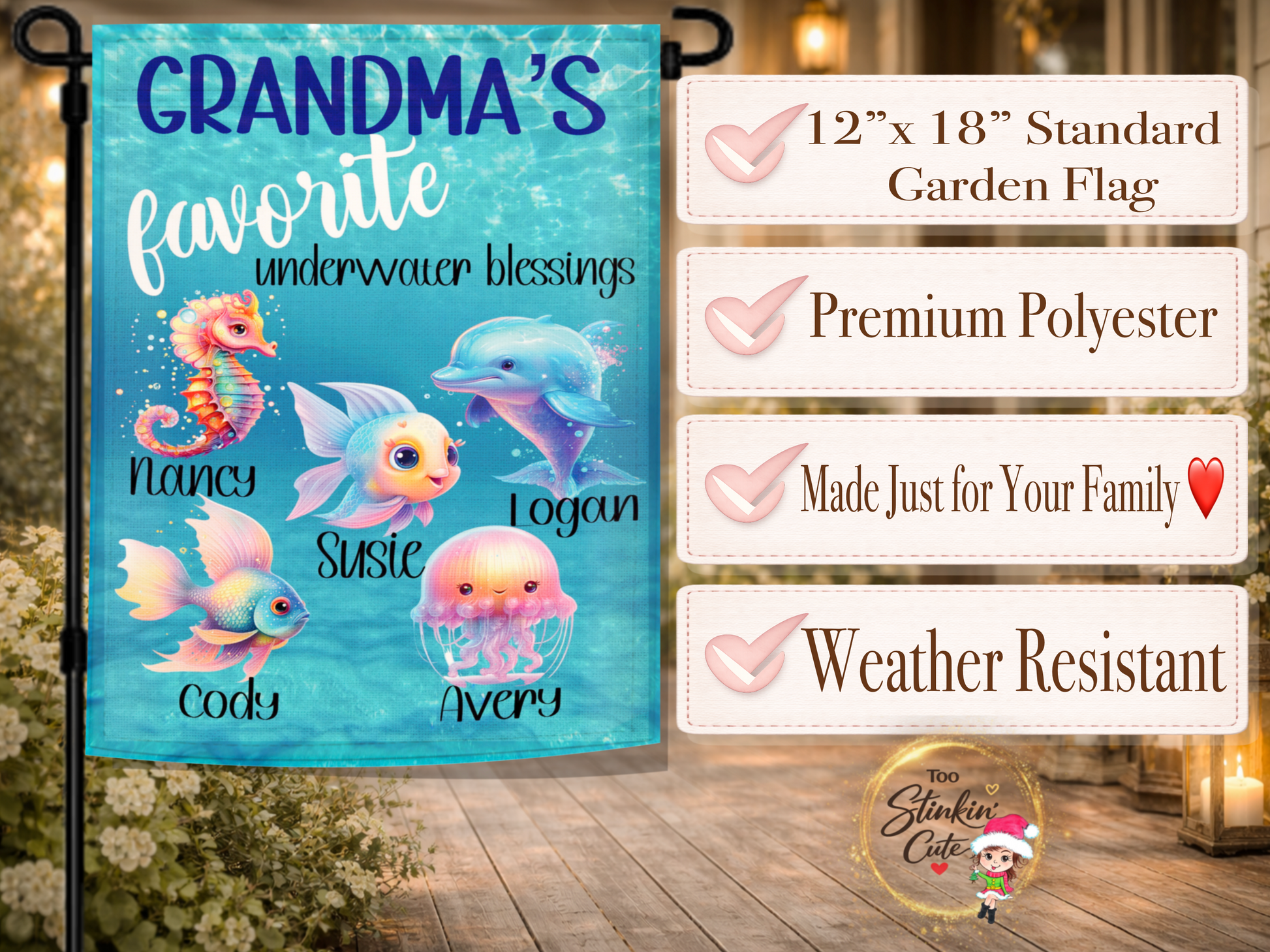 Whimsical sea life family garden flag with grandchildren names