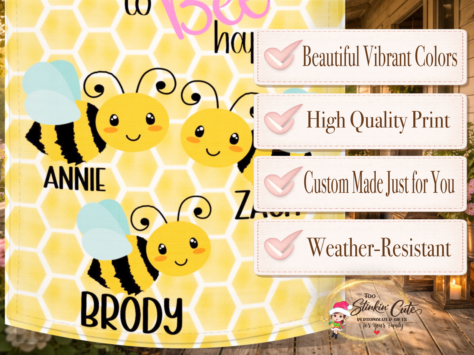 Personalized bee happy outdoor flag featuring family member names