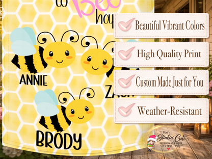 Personalized bee happy outdoor flag featuring family member names