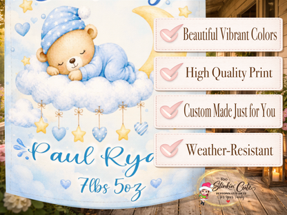 Welcome home baby boy flag with sleeping bear design