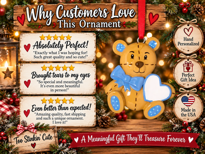 Cute teddy bear keepsake ornament holding a large white heart