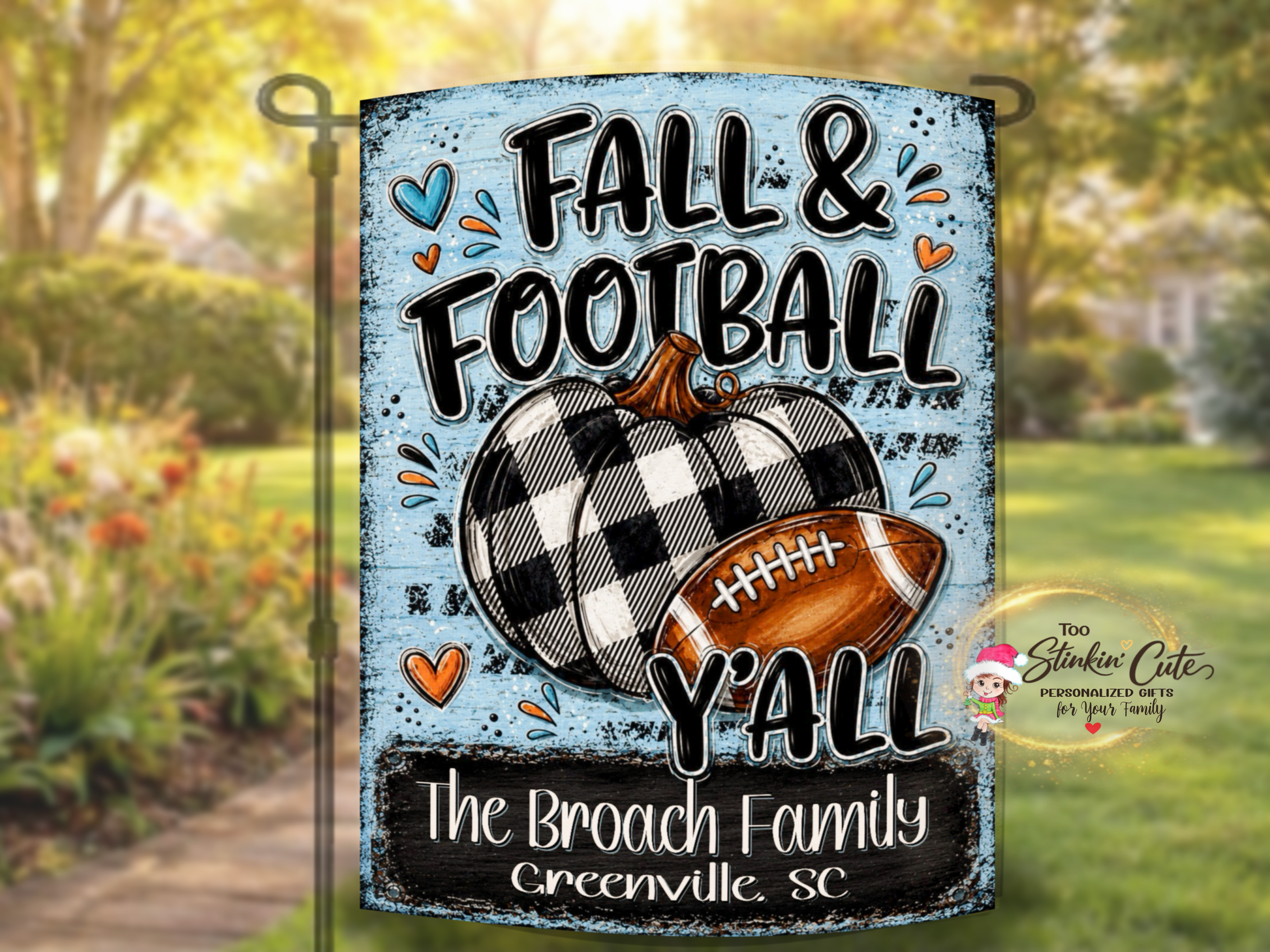 Personalized game-day garden flag designed for a football-loving family