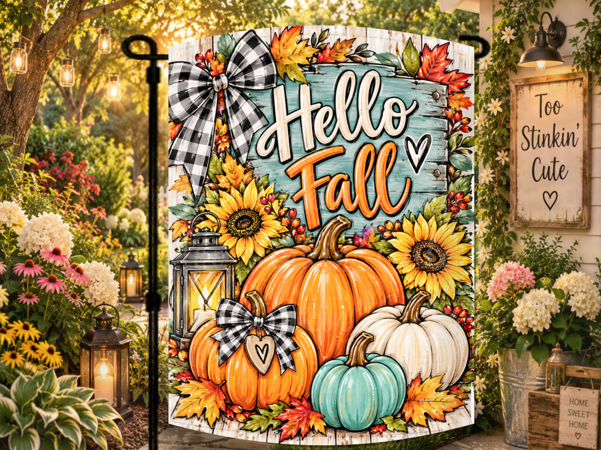 Rustic fall porch flag featuring pumpkins, sunflowers, buffalo plaid, and a glowing lantern.