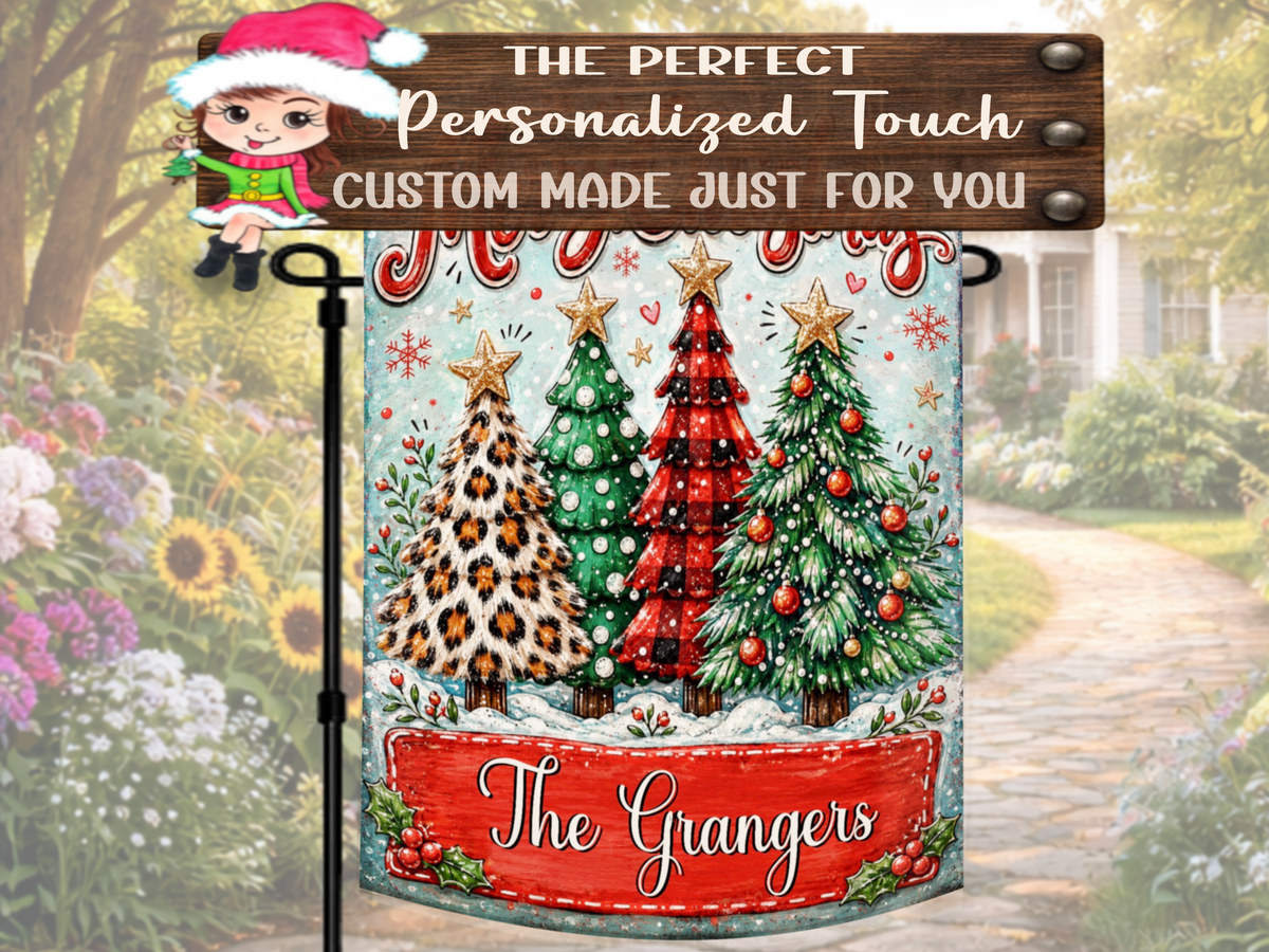 Colorful personalized family Christmas flag for holiday porch décor, outdoor yard decorations, housewarming gifts, hostess gifts, and custom family gifts.