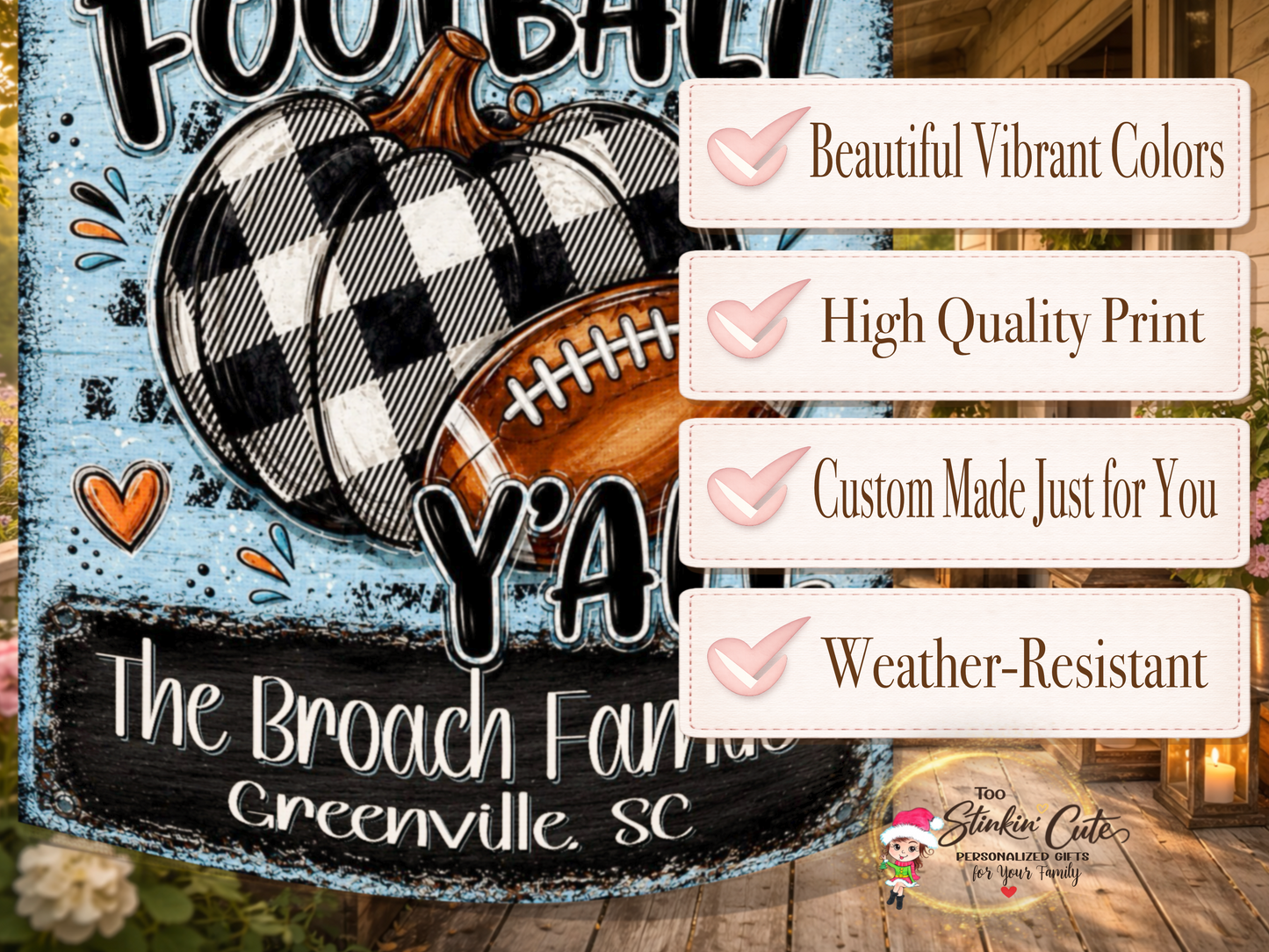 Personalized fall football flag featuring the Broach family and Greenville, SC