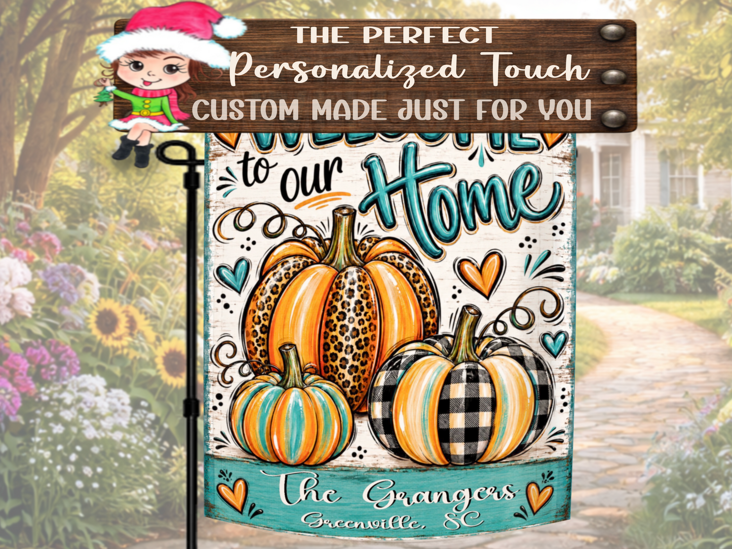 Farmhouse autumn yard flag featuring leopard-print, buffalo-plaid, orange, and turquoise pumpkins.