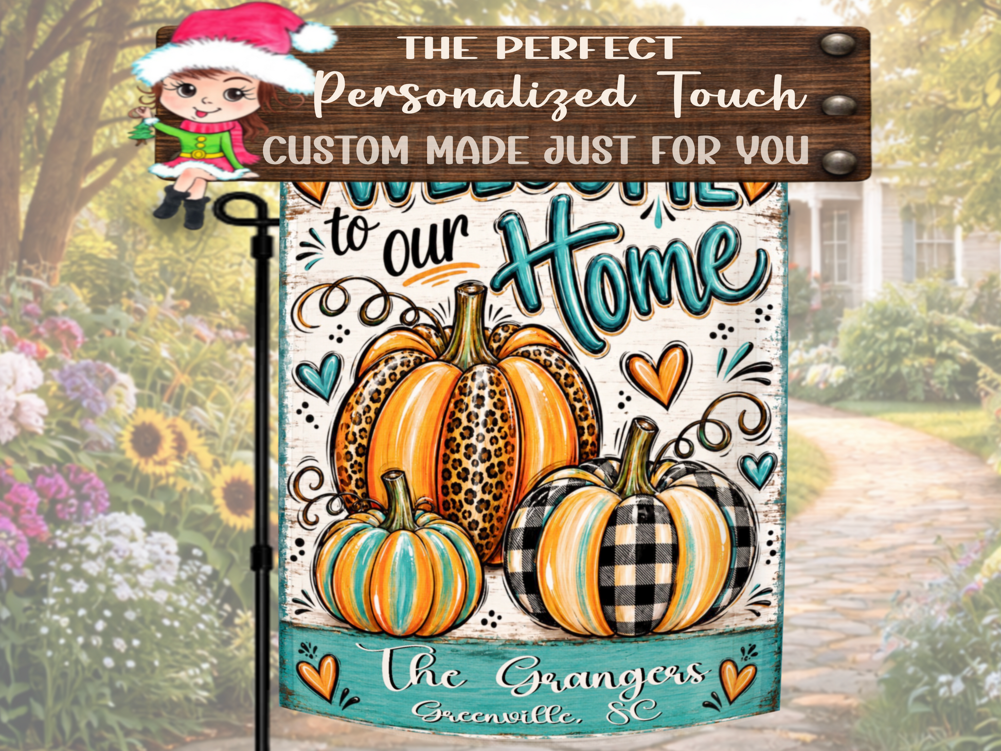 Farmhouse autumn yard flag featuring leopard-print, buffalo-plaid, orange, and turquoise pumpkins.