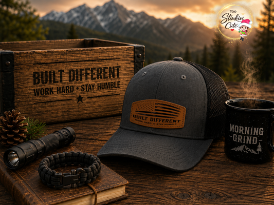 Built Different Richardson 112FP charcoal white leather patch trucker hat on rustic outdoor table