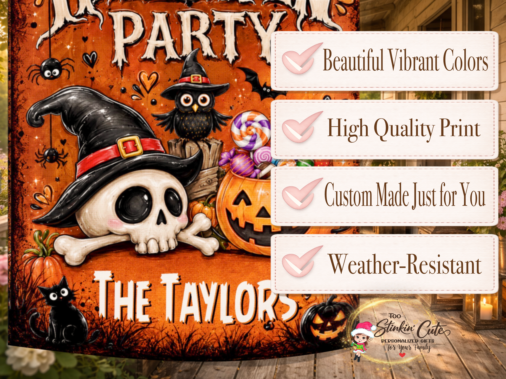 Orange and black spooky-season yard flag featuring bats, spiders, black cats, pumpkins, and personalized wording.