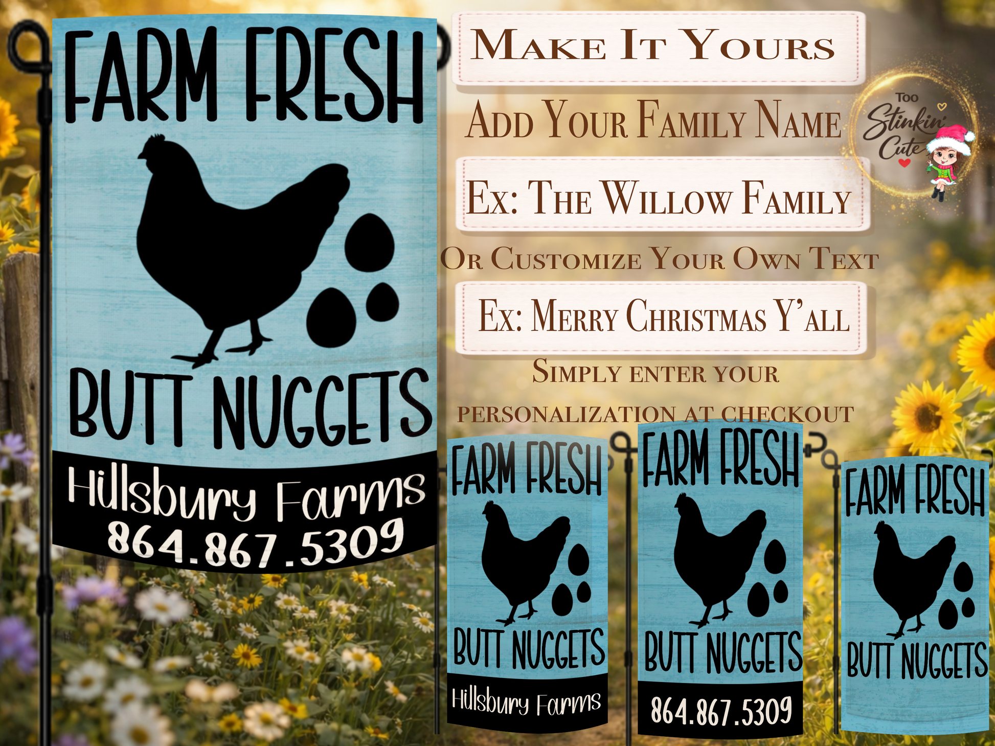Rustic farmhouse chicken yard flag with humorous farm fresh saying