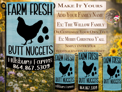 Rustic farmhouse chicken yard flag with humorous farm fresh saying