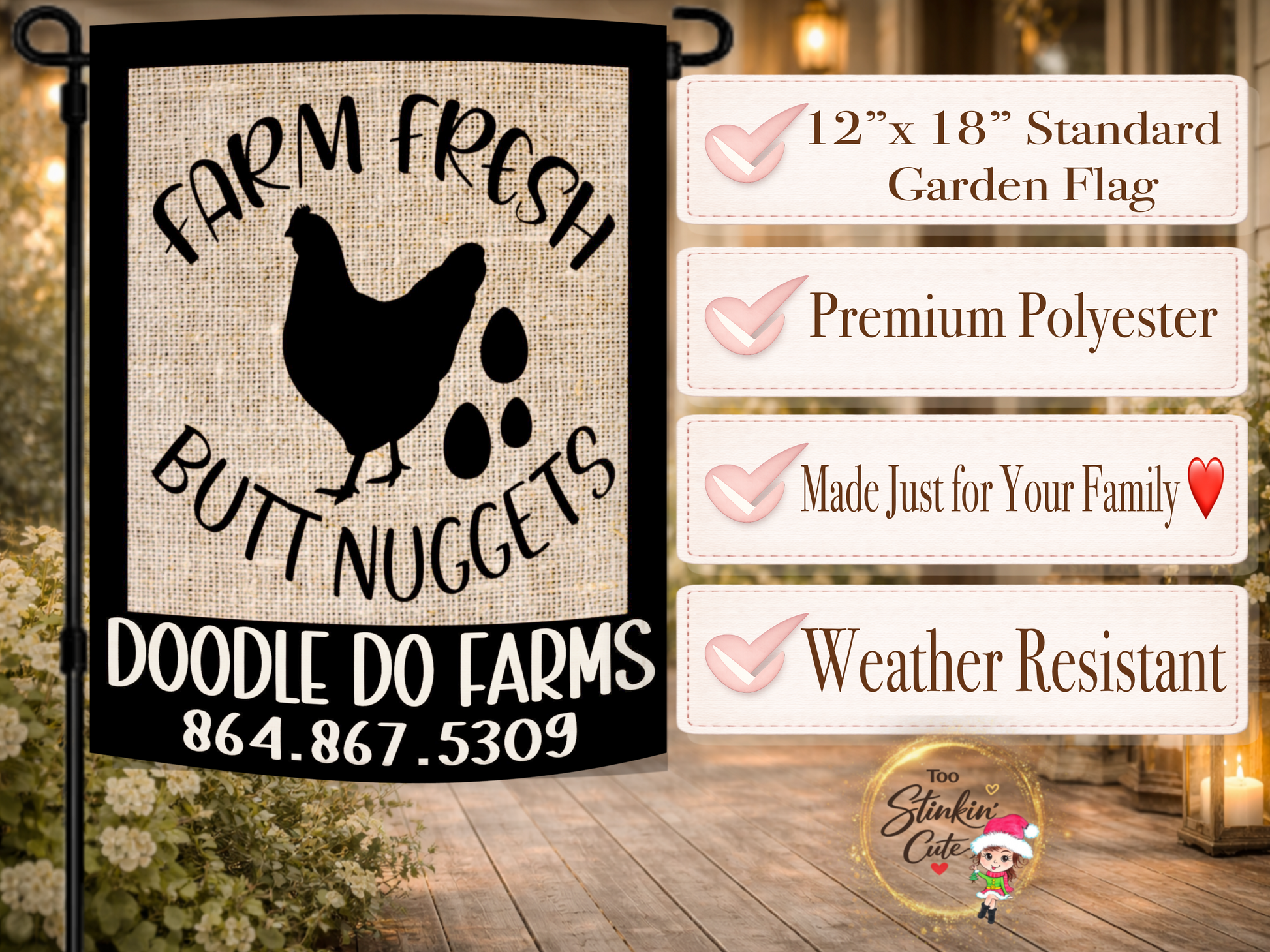 Funny chicken coop outdoor flag with farmhouse burlap background