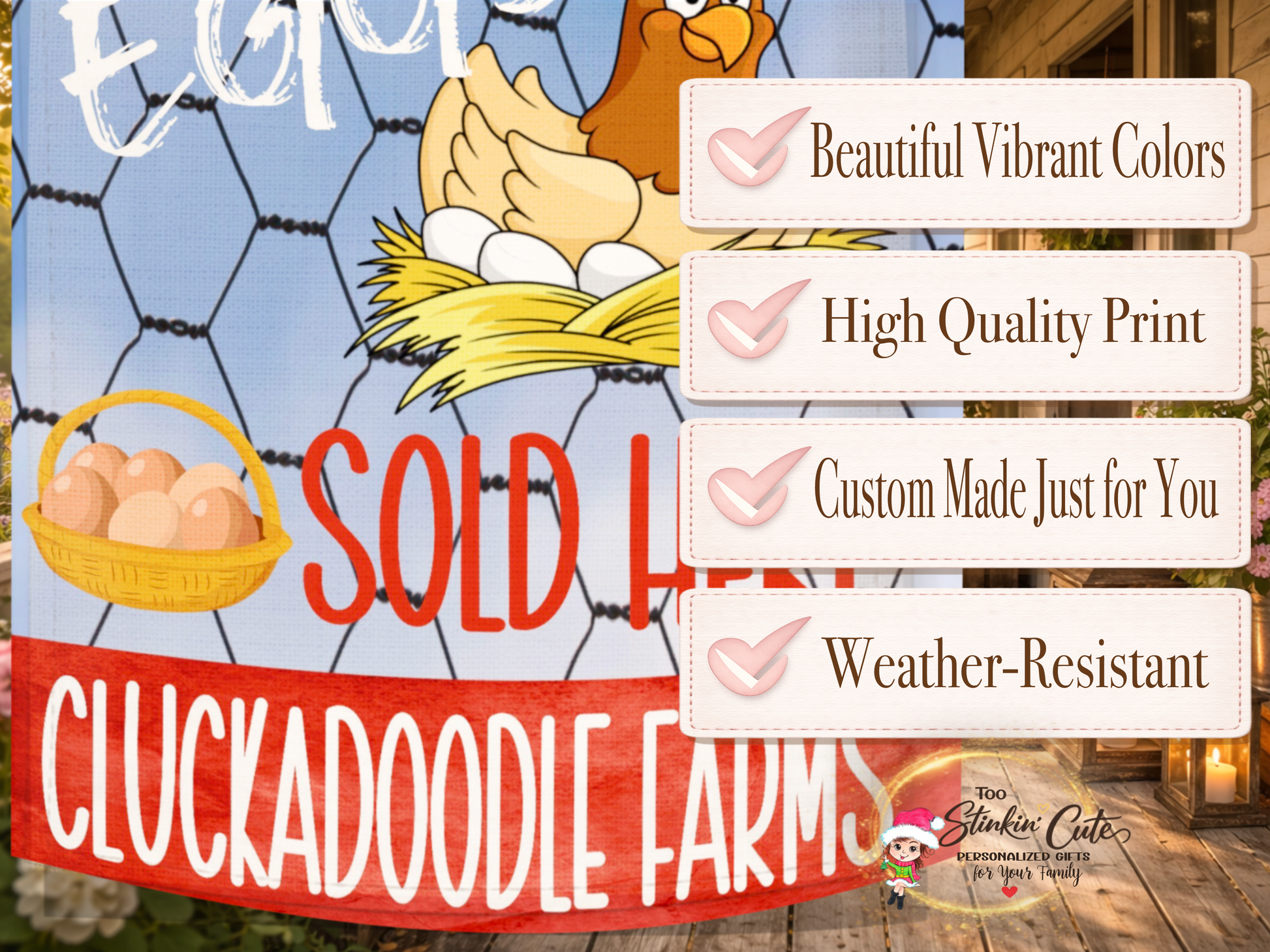 Rustic outdoor chicken farm flag with wire fence background and red lettering