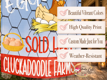 Rustic outdoor chicken farm flag with wire fence background and red lettering