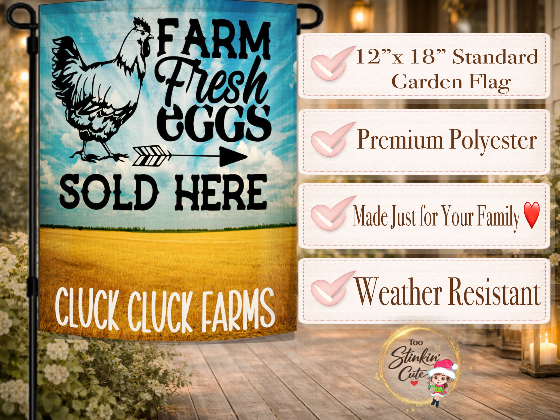 Personalized chicken farm garden flag with farmhouse style lettering