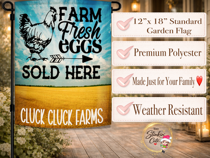 Personalized chicken farm garden flag with farmhouse style lettering