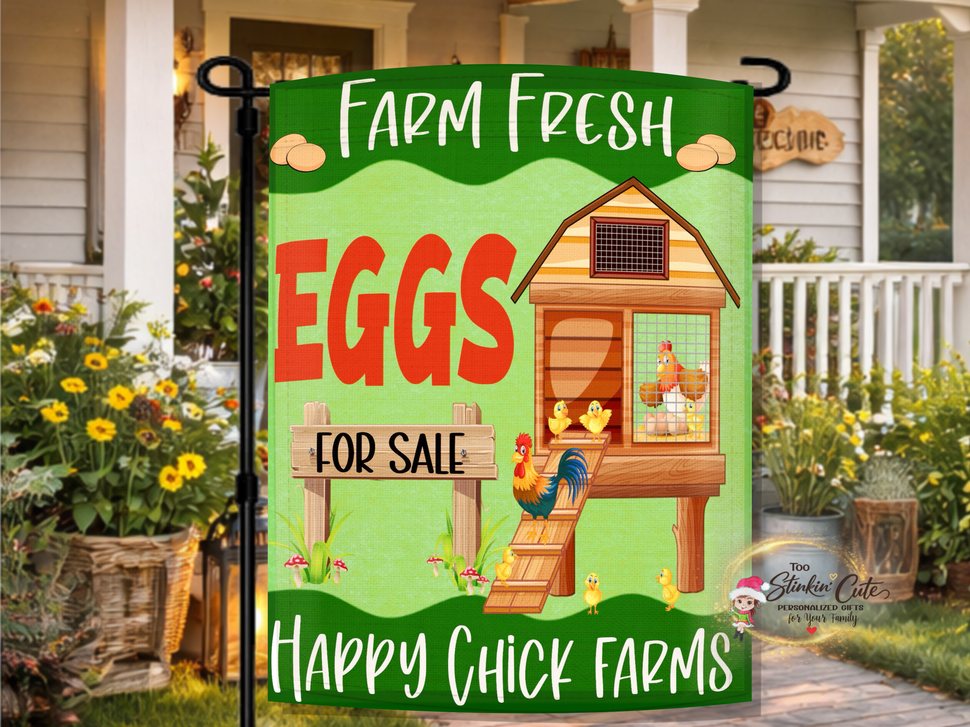 Farm fresh eggs for sale garden flag with chicken coop design